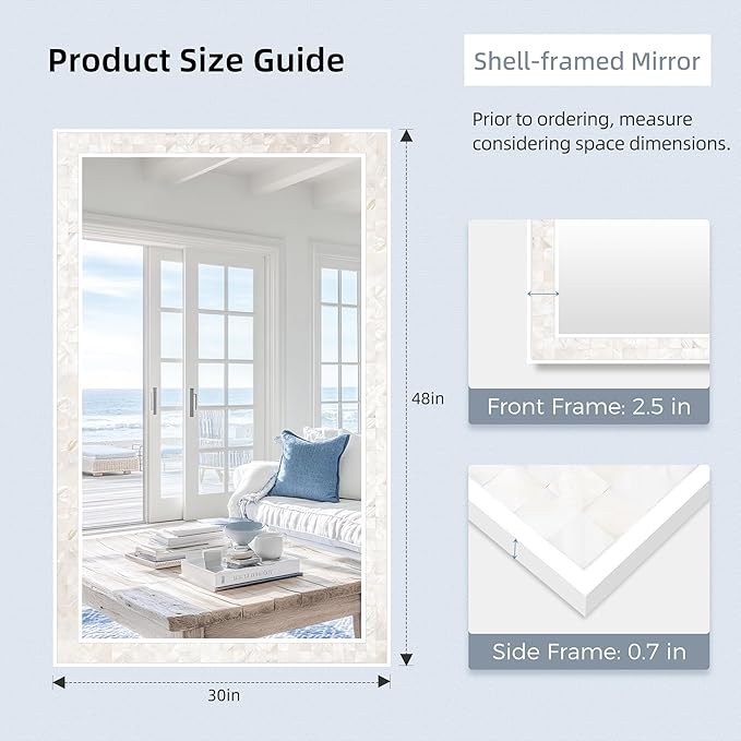 Tanmicoshomy White Shell Framed Rectangular Mirrors for Bathroom, 30x48 Inch Lagre Mirrors with Tempered Glass for Bedroom Living Room or Entryway, Horizontal or Vertical Hanging