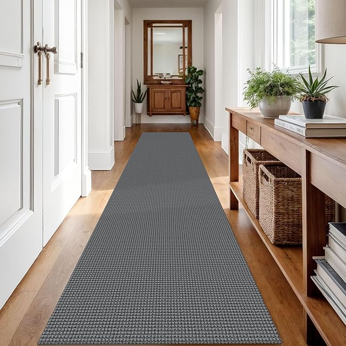 IOHOUZE Washable Runner Rug 2.6x12 Non Slip Rubber Backed Extra Long Hallway Runner Entryway Runner Indoor, Kitchen Rugs Woven Cotton Floor Carpet for Hall Entrance, Dark Grey