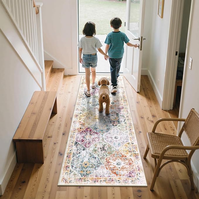 Ileading Washable Hallway Runner Rugs, 2x6 Non Slip Runners Area Rug for Entryway Kitchen Bathroom Bedroom Laundry Living Room, Long Narrow Low-Pile Floor Carpet Boho Vintage Throw Mat for Kids Room