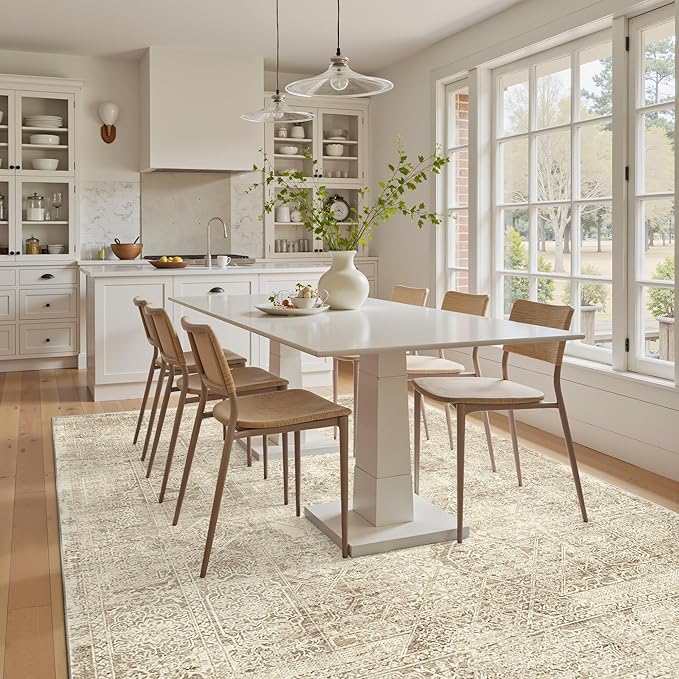 Soalmost 5x7 Area Rugs Brown Low Pile Indoor Washable Trendy Faded Style Floral Rugs for Bedroom Living Room Dining Room Foldable Non-Slip Thin Print Mat