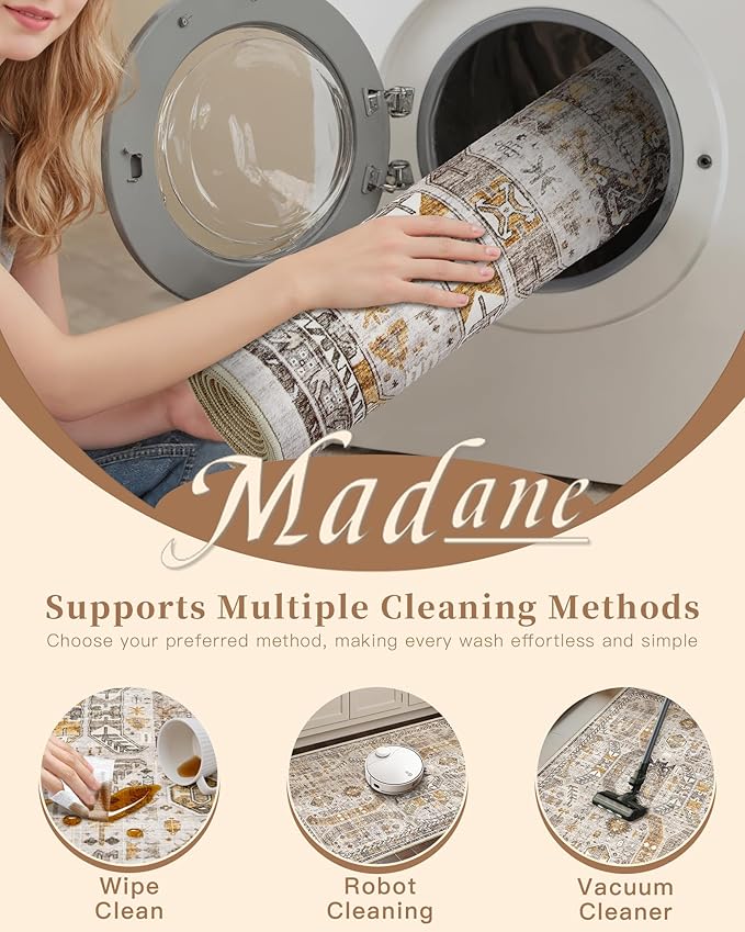 Madane Hallway Runner Rug 2'6''x16' Kitchen Runner - Non Slip Vintage Runners for Hallways Washable Kitchen Rugs Soft Low Pile 2.5x16 ft Rug Runner for Laundry Room, Entryway and Bedroom, Brown/Gold