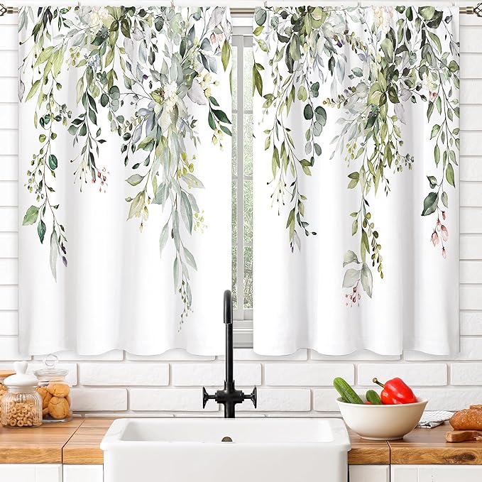 Eucalyptus Botanical Leaves Floral Kitchen Window Curtains Over Sink Farmhouse Flower Leaf Small Window Treatment Sage Green Cafe Short Curtains for Bathroom Treatment Tier Drapes 26x36 inch