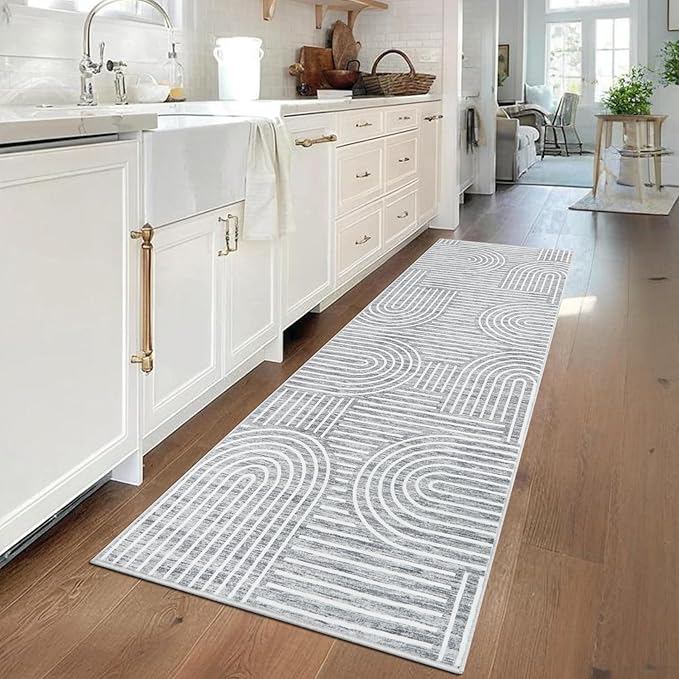 ROYHOME Modern Rug 2.5x8 Runners for Hallways, Abstract Kitchen Runner Rugs Non Slip Bath Runners, Rainbow Washable Runner Rug for Bedroom, Soft Long Rugs for Entryway Bathroom Laundry Dorm, Ash