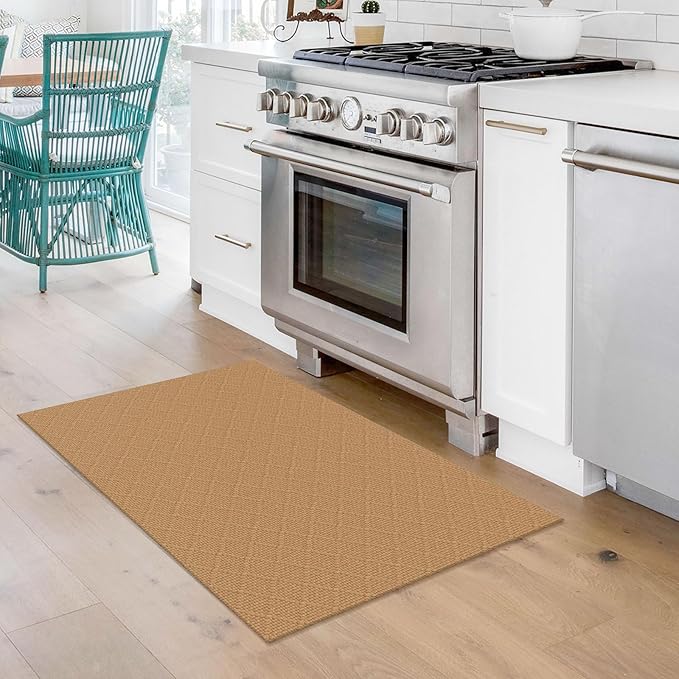 KOZYFLY Washable Area Rug 2x3 Ft Small Entryway Rug Throw Rugs with Rubber Backing Indoor Door Mat, Braided Cotton Floor Carpet for Front Entrance Bathroom Kitchen Foyer, Warm Tan