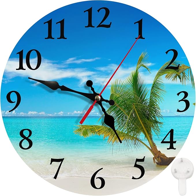 Britimes Round Wall Clock Silent Non-Ticking Battery Operated Clock 10 Inch, Turquoise Ocean Blue Beach Sand Home Decor for Living Room, Bathroom, Bedroom, Kitchen, Office and School