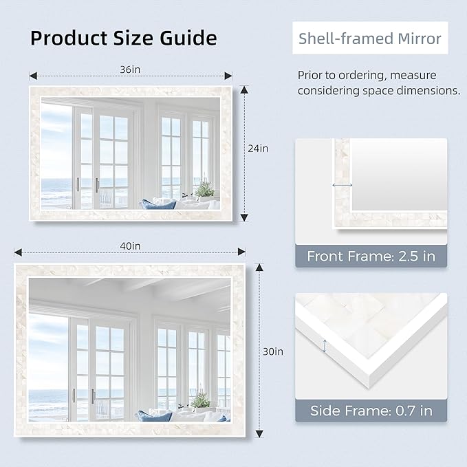 Tanmicoshomy White Shell Framed Rectangular Wall Mirrors for Bathroom, 24x36 Inch Mosaic Mirror for Bedroom Living Room or Entryway, Wall Mounted Horizontal or Vertical Hanging