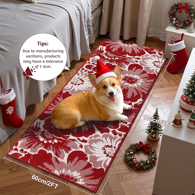 Findosom Christmas Runner Rug 2x6, Non Slip High-Low Textured Floral Washable Runner Rug with Rubber Backing, Boho Carpet Runners for Hallway, Kitchen, Entryway, Bedroom, Laundry & Holiday Decor, Red