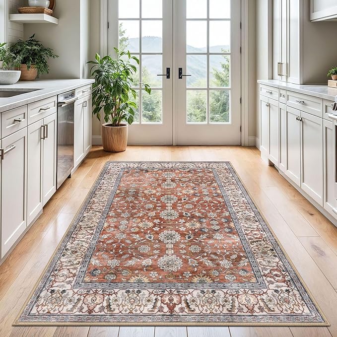 KUTA Vintage Area Rug 4x6 Washable Rug Traditional Floor Cover Foldable Red Clay Ultra Thin Soft Retro Accent Indoor Distressed Non Slip Carpet Floral Print Mat Bedroom Living Room Dorm Office