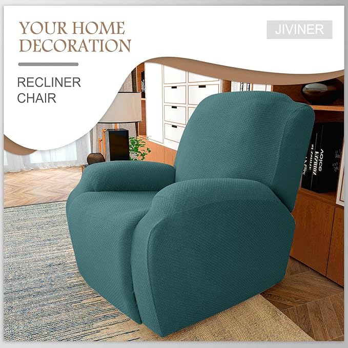 JIVINER 4-Piece Recliner Chair Covers Stretch Jacquard Covers for Reclining Chair Recliner Slipcovers for Living Room Soft Recliner Protector with Pocket (Recliner, Peacock Blue)