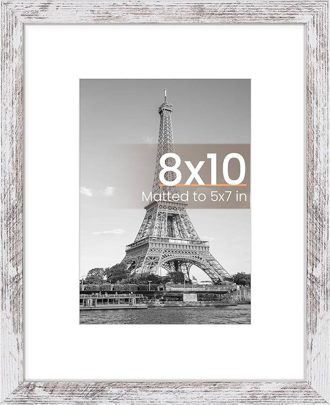 upsimples 8x10 Picture Frame, Display Pictures 5x7 with Mat or 8 x 10 Without, Wall Hanging Photo Frames, Rustic White, 1 Pack