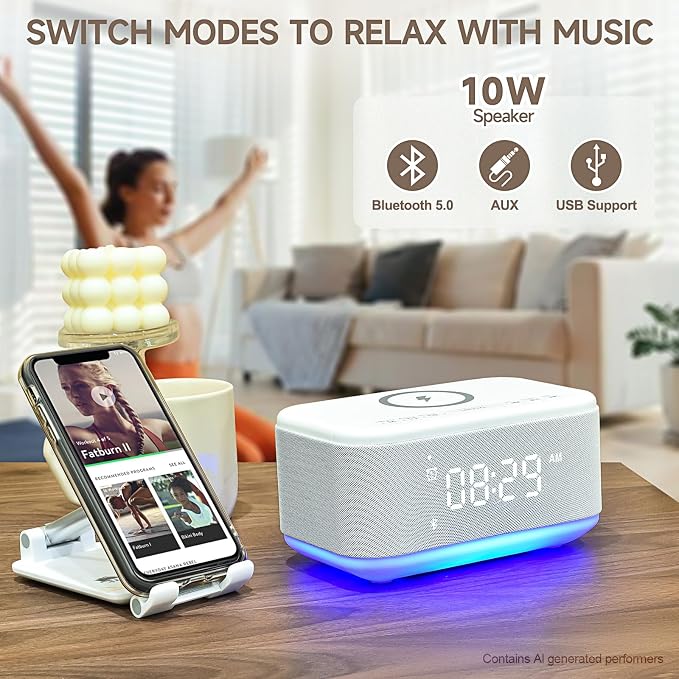 Alarm Clock Speaker Wireless Charger, Digital Alarm Clocks Bedrooms Bluetooth, Alarm Clock Dimmable Light Bedrooms Dual Alarm Snooze Dimmer 12 24H RGB Night Light Bluetooth USB AUX, White - Image 6
