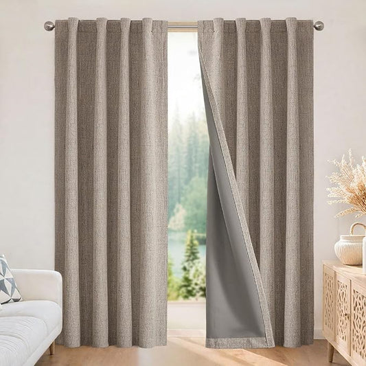 Joydeco Linen Blackout Curtains for Bedroom - 100% Light Blocking 1 Panels, Linen Drapes 70" W x 108" L, Thermal Insulated Room Darkening Curtains for Living Room, Rod Pocket & Back Tabs