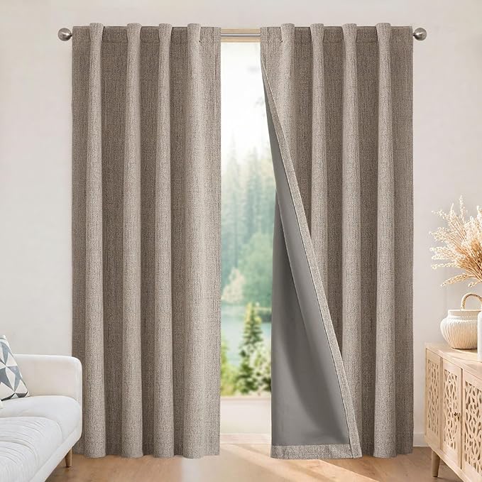 Joydeco 100% Blackout Curtains for Bedroom - Natural Linen Curtains, Thermal Insulated Linen Light Blocking Drapes, Rod Pocket & Back Tabs (Linen, 52" W x 90" L (Pack of 2))
