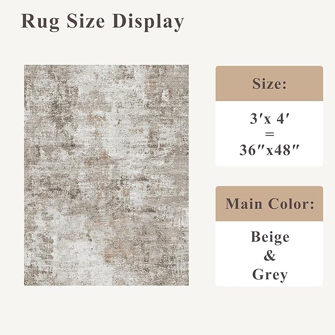 3x4 Washable Entryway Area Rug - Non-Slip Modern Small Indoor Mat for Bathroom,Living Room,Bedroom - Abstract Neutral Soft Low-Pile Throw Carpet with Rubber Backing (Beige Grey)