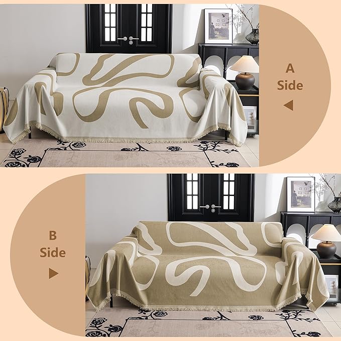 MYSKY HOME Boho Couch Cover Super Soft Couch Covers for 2-3 Cushion Couch Sofa, Modern Khaki Jacquard Sofa Slipcover Loveseat Futon Cover, Couch Covers for Sectional Sofa, 71" x 118", Khaki Curve