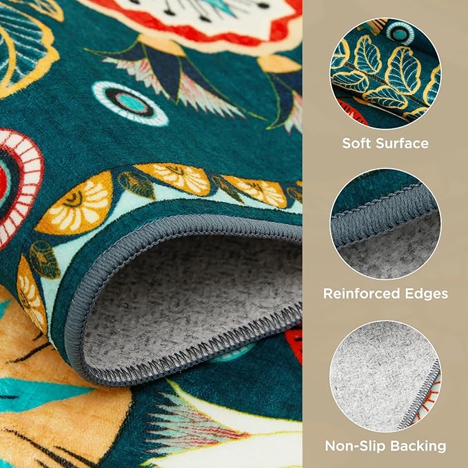 Joydeco Egypt Floral Boho 2x6 Runner Rug for Hallway Entrance, Dark Green Bathroom Kitchen Rug Runner Non Slip Washable, Vintage Ultra-Thin Carpet for Entryway Laundry Room Bed Beside