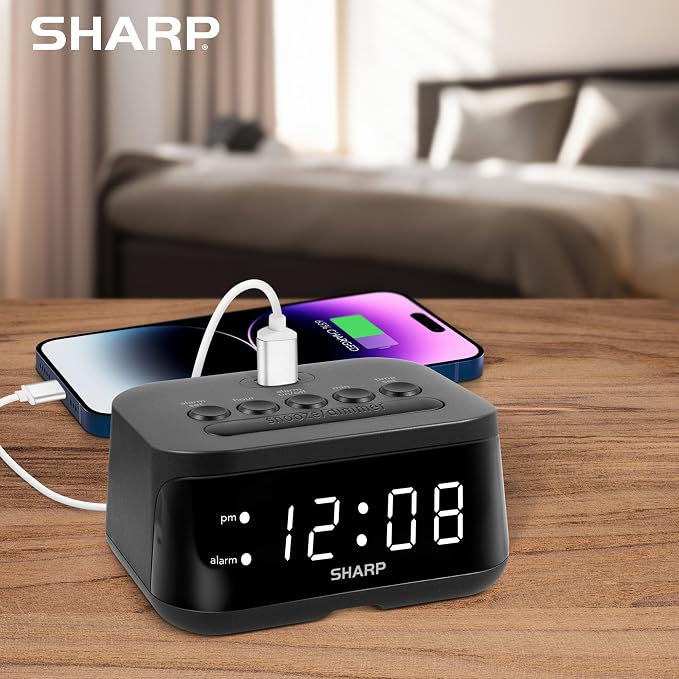 Sharp Digital Alarm Clock with USB 2 AMP Fast Charge Port & White LED Display - Image 5