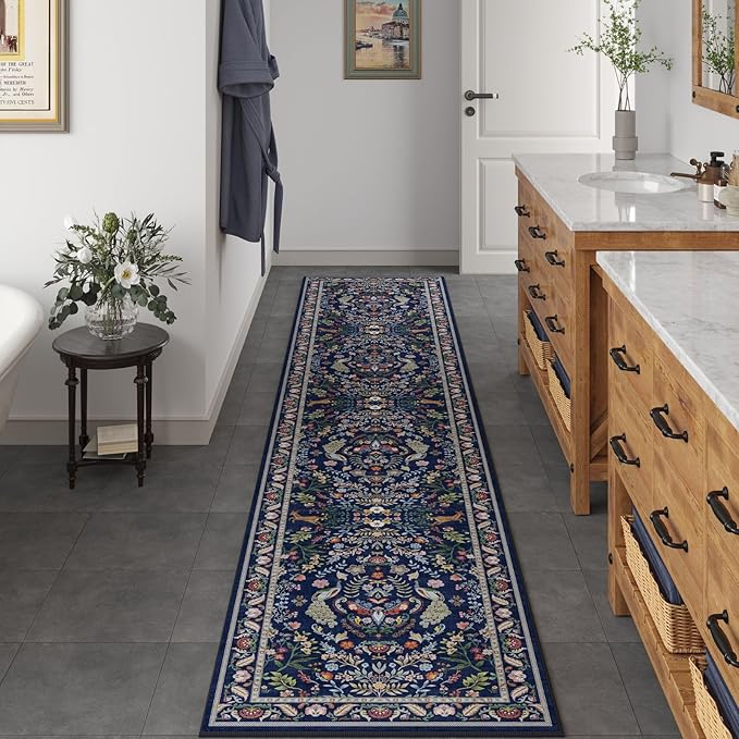 Rugcomf 2'7"x14' Long Hallway Runner Rug - Floral Washable Non Slip Boho Carpet for Kitchen, Entryway, Hall, Bathroom - Blue