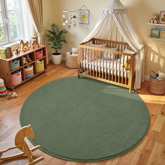 Amearea Sage Green Round Area Rugs 4ft Washable Circle Rugs for Bedroom Living Room, Fluffy Indoor Thickened Memory Foam Rug, Non Slip Minimalist Circular Carpet for Kids Boy Girl Dorm Nursery Room