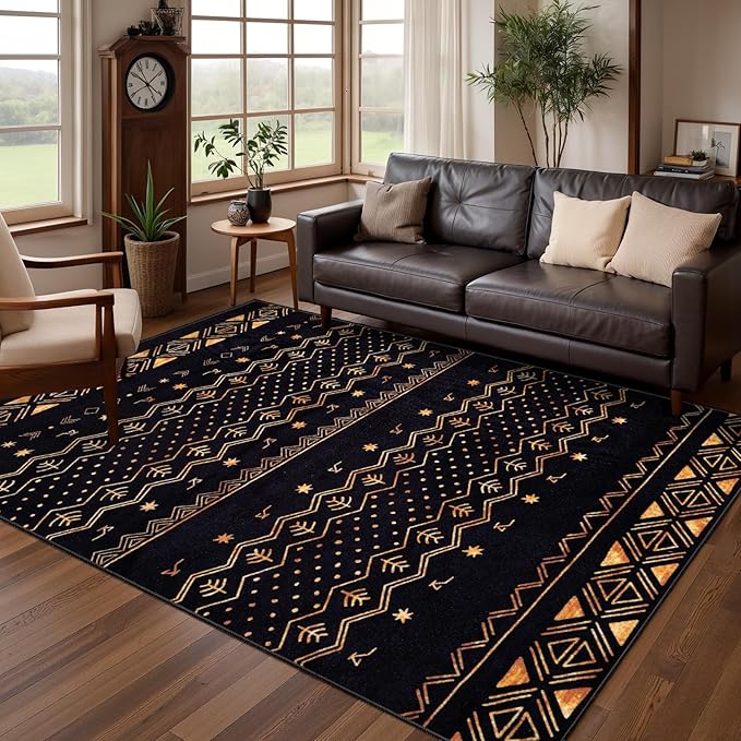 SERISSA 4x6 Area Rugs for Living Room, Washable Non-Slip Black and Gold Boho Rug, Soft Low-Pile Geometric Indoor Carpet for Dining Room Bedroom Home Office Nursery