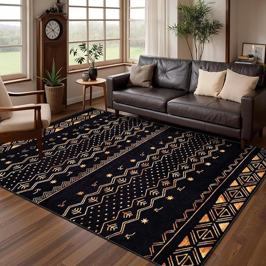 SERISSA 4x6 Area Rugs for Living Room, Washable Non-Slip Black and Gold Boho Rug, Soft Low-Pile Geometric Indoor Carpet for Dining Room Bedroom Home Office Nursery