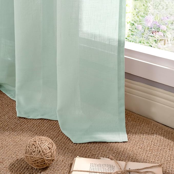 YoungsTex Mint Green Linen Semi Sheer Curtains 84 Inches Length for Living Room Spring Decor - Sage Light Filtering Drapes with Grommet Boho for Bedroom Dining Lightweight, 2 Panels, 52 X 84 Inch