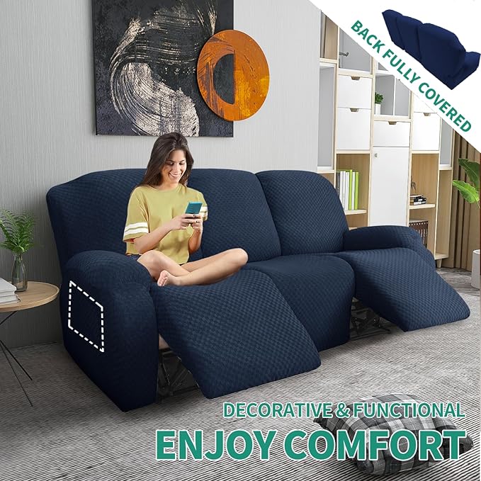 YEMYHOM 8 Pieces Stretch Recliner Sofa Cover Latest Jacquard Reclining Couch Cover with Side Pocket Anti-Slip Fitted 3 Cushion Furniture Slipcovers with Elastic Bottom (Large, Navy)
