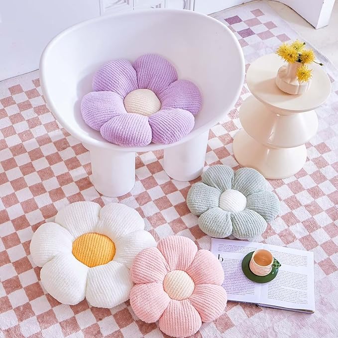 Lavender Flower Decorative Throw Pillows for Bed Couch, Cute Daisy Shaped Plush Aesthetic Pillow, Soft 14.9" Floor Seat Cushion