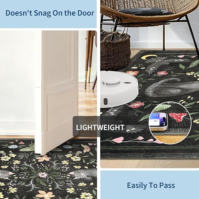 GarveeHome Round Area Rugs 5ft for Bedroom, Cat Black Washable Circle Rug Soft Non Slip Mushroom Floral Floor Mat Carpet Indoor Thin Rug for Bedroom Dining Room Playroom Nursery Gothic Decor