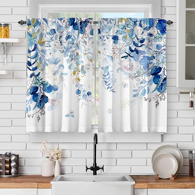 Blue Eucalyptus Leaves Kitchen Curtains Watercolor Plant Floral Curtains 39 Inches Spring Summer Blue and White Cafe Small Drapes Farmhouse for Bathroom RV Camper Light Filtering Rod Pocket 2 Panels