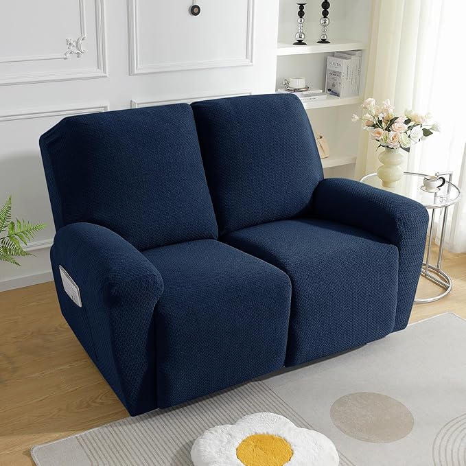 JIVINER 6-Piece Loveseat Recliner Slipcover Stretch Jacquard Recliner Sofa Cover 2 Seater Washable Reclining Couch Cover with Pocket Fitted Furniture Protector Cover (Loveseat Recliner, Navy Blue)