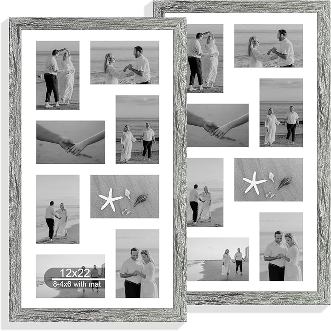 12x22 Picture Frame Set of 2, Grey with Glass Collage Frame, Display Eight Opening 4x6 Photos With Mat or 12 x 22 Newspaper Without Mat - Horizontal or Vertical Wall Mounting