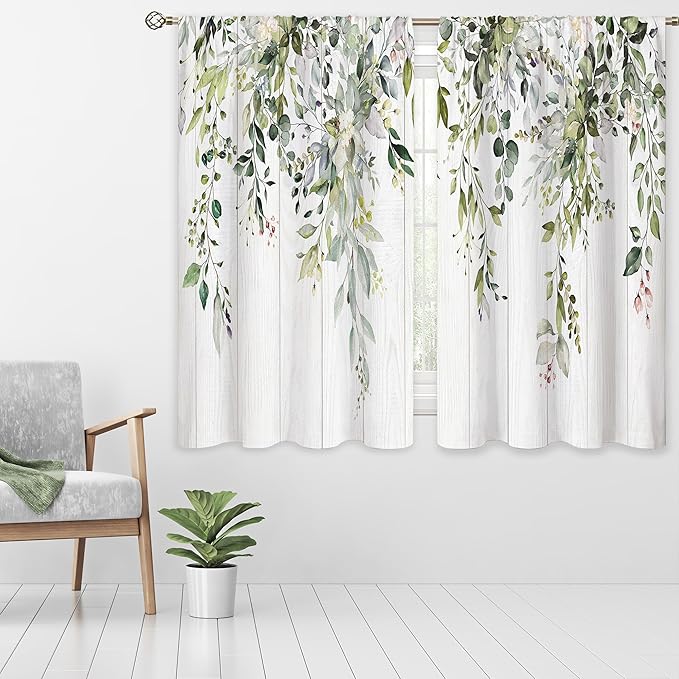 Wooden Sage Green Eucalyptus Leaves Window Curtains Flower Floral Botanical Plant Wildflower Farmhouse Curtain Drapes Herb Curtains for Bedroom Living Room Treatment 2 Panels 42Wx45H Inch