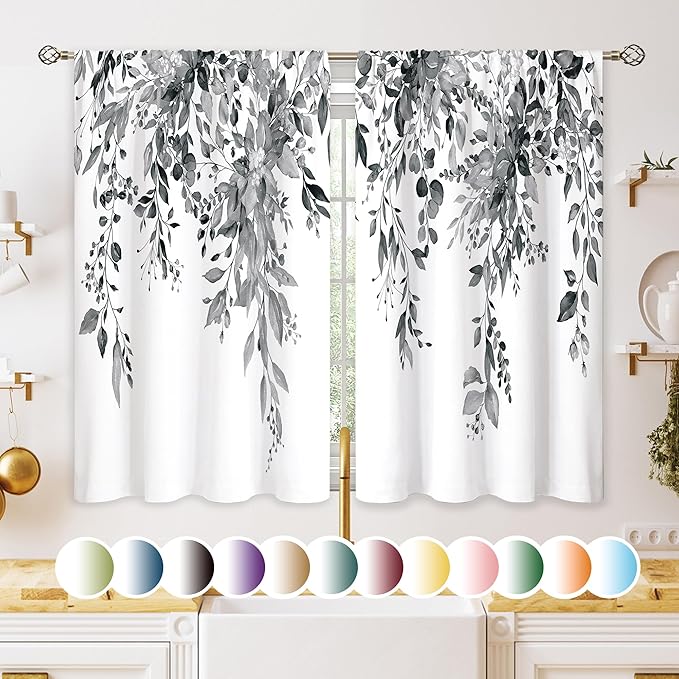 Eucalyptus Botanical Leaves Grey Floral Kitchen Window Curtains Over Sink Farmhouse Flower Leaf Small Window Treatment Cafe Short Curtains for Bathroom Treatment Tier Drapes 27.5x39 inch
