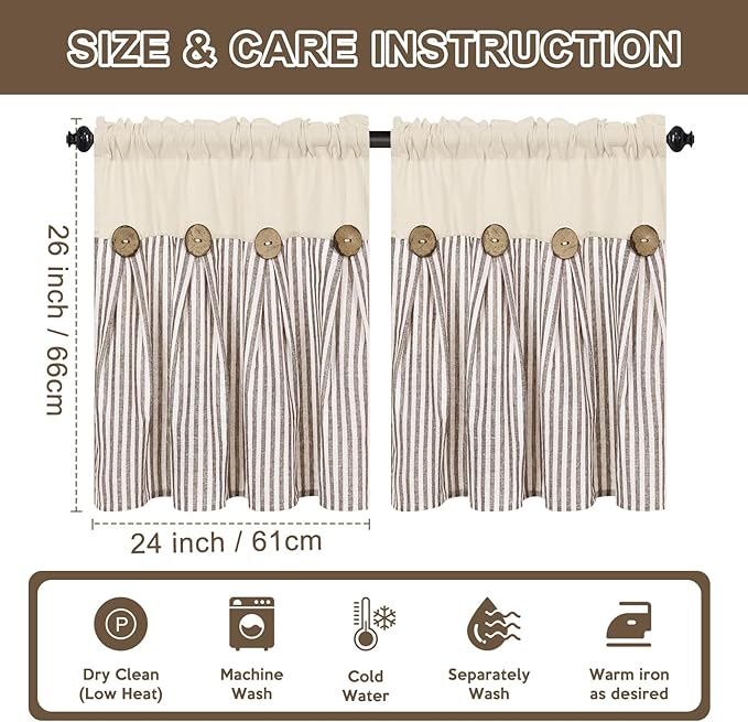 ASPMIZ Cotton Linen Kitchen Curtains 24 Inch Length Tier Curtain for Small Window Treatment, Boho Button Half Window Curtain Farmhouse, Brown Stripe Rod Pocket Short Curtains for Window Cafe Bathroom