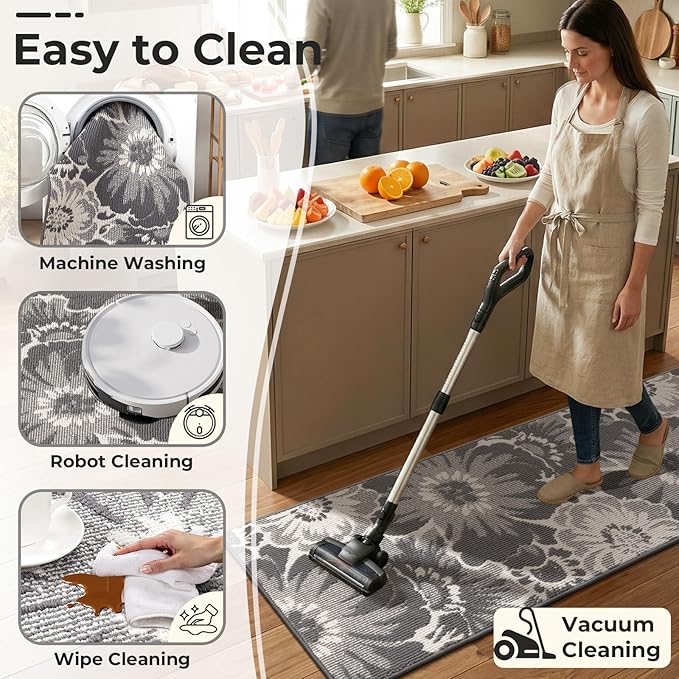 Findosom Hallway Runner Rug 2x6, Non Slip High-Low Textured Floral Washable Runner Rug with Rubber Backing, Boho Carpet Runner for Kitchen, Entryway, Bedroom, Laundry, Gray
