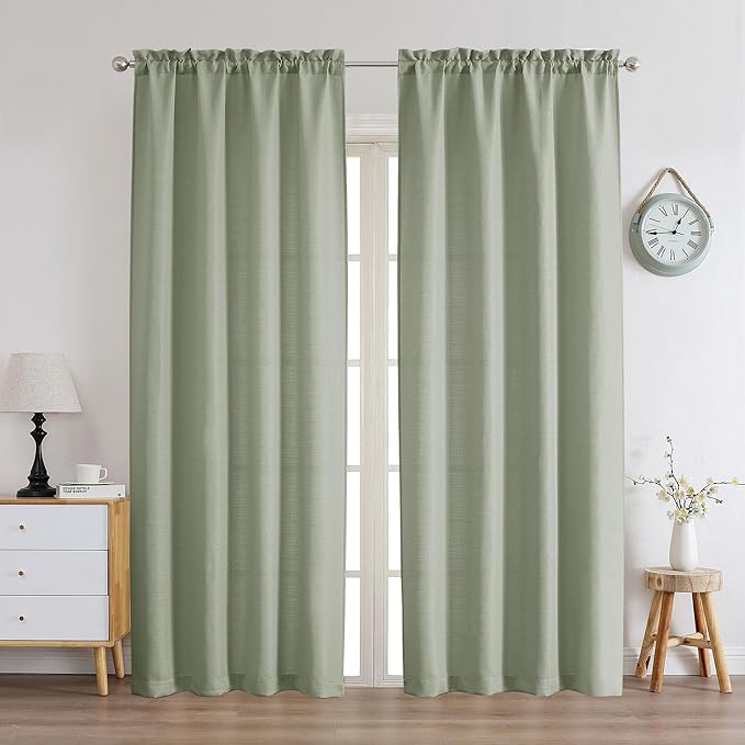 Chyhomenyc Light Green Curtains 72 Inch Length 2 Panels Set, Faux Linen Textured Semi Sheer Light Filtering Soft Airy Privacy Farmhouse Curtain Drapes for Living Room Bedroom, 40 Wx72 L Inches