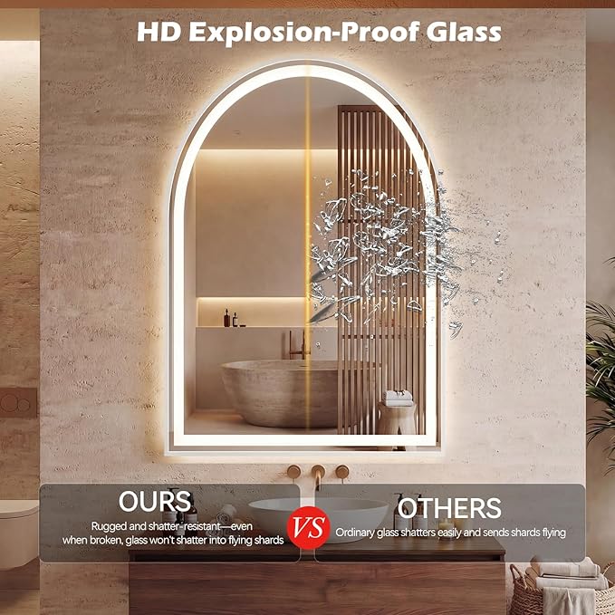 Sweetcrispy 28“×36” LED Bathroom Backlit Mirror with Lights, Arched Vanity Mirror with Anti-Fog, Dimmable, 3-Color Light, Memory Function, Tempered Glass