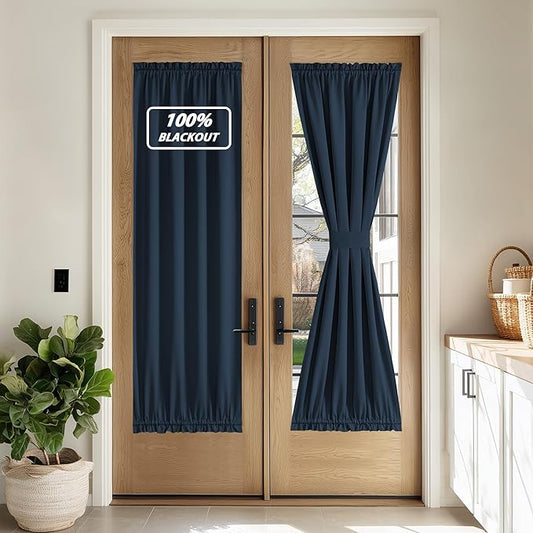 NICETOWN 100% Blackout Door Curtain Thermal Insulated Privacy Curtain for French Front Door with Adjustable Tieback, Room Darkening Window Covering for Kitchen, W30 x L72, 1 Panel, Navy