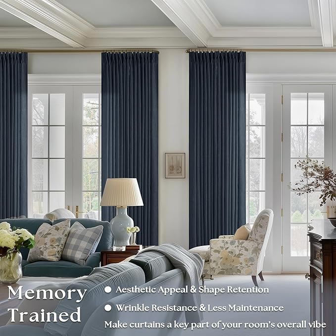 Navy Blue Pleated Linen Curtains 96 Inches Long for Living Room 2 Panel Set Semi Sheer Light Filtering Pinch Pleat with Rings Hooks Drapes Boho Farmhouse Dark Blue Indigo Curtain Bedroom Window