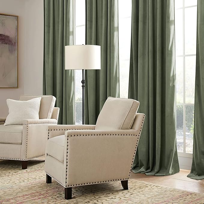 RYB HOME Sage Green Velvet Curtains 80 inches with Hook Belt, Soft Fabric Room Darkening Thermal Insulated Luxurious Home Decor Curtains for Living Room Bedroom, W 52" x L 80", 2 Panels Set
