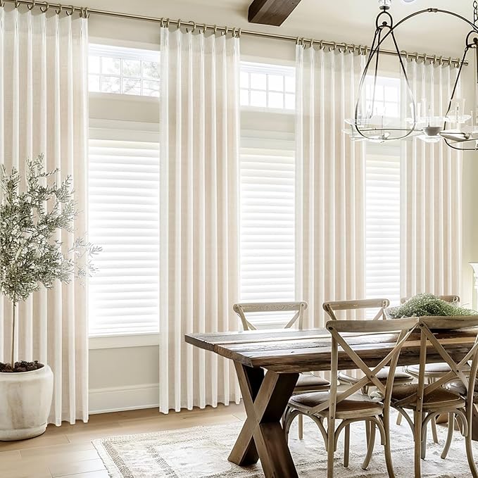 Custom Extra Long 104 Inch Floor to Ceiling Curtains for Room Divider, Memory Trained Pinch Pleated Light Filtering Linen Blend Sheer Curtain Beige White Neutral Drapes 2 Panels Set for Large Windows