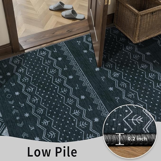 SERISSA 2x6 Kitchen Runner Rug, Washable Non-Slip Grey Boho Rug, Soft Low-Pile Geometric Indoor Carpet for Hallway Laundry Room Bathroom Bedroom Entryway