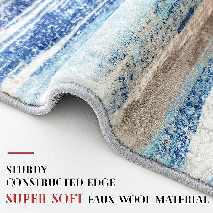 Lansny Modern Abstract 5x7 Machine Washable Area Rug Non-Slip Soft Bedroom Living Romm Rug Blue Ultra Thin Print Faux Wool Floor Carpet Throw Rugs for Nursery Playroom Dining Room Indoor Office