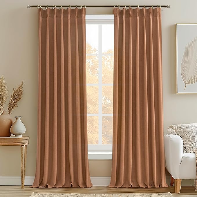 PleatedDrapes Terracotta Linen Curtains 102 Inches Long for Living Room 2 Panels Set, Western Fall Window Light Filtering Boho Curtains Pinch Pleated Track & Back Tab Rust Dark Orange Semi Sheer