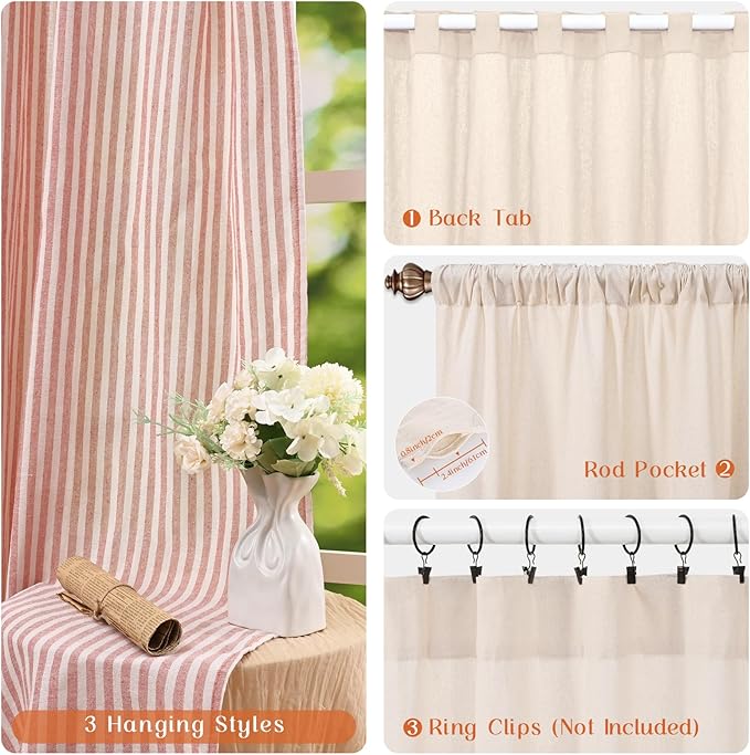 ASPMIZ Cotton Linen Curtains for Living Room, Rod Pocket & Back Tab Boho Curtains for Bedroom, Country Farmhouse Striped Curtain with Rustic Buttons, Home Decor, Orange, 52 x 84 Inch, 2 Panels