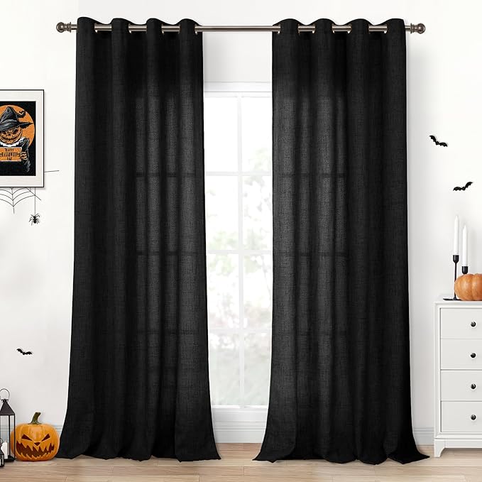 YoungsTex Black Linen Curtains 90 Inch Length for Living Room, Light Filtering Semi Sheer Window Drapes with Bronze Grommet Privacy Decorative for Bedroom, 52 x 90 Inch, 2 Panels