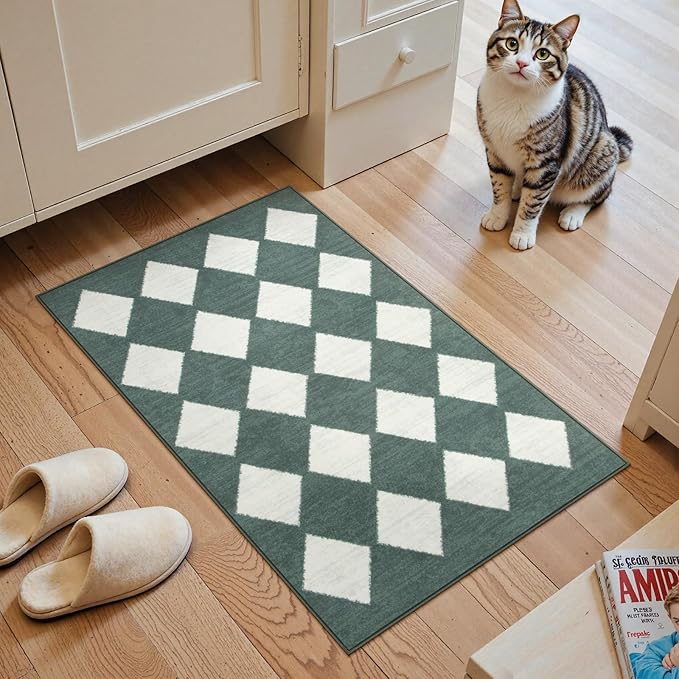 Lahome Zelie Checkered Washable 2x3 Green Kitchen Rugs Non Slip, Small Printed Indoor Door Mat for Entryway, Moroccan Trellis Ultra-Thin Throw Carpet for Bedroom Entrance Decor (2'x3',Dark Green)