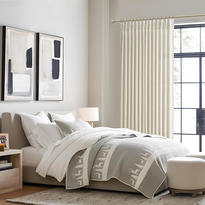 PleatedDrapes Cream Linen Farmhouse 120 Inch Curtains for Living Room, Extra Long Pleat Sheer Light Filtering Curtain with Ceiling Track Privacy Thick Large Window Drapes for Sliding Door 2 Panels Set