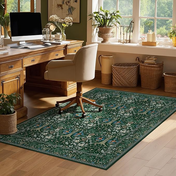Joydeco Washable 4x6 Area Rug for Bedroom, Dark Green Boho Floral Vintage Rug Non Slip, Soft Stain Resistant Indoor Floor Dining Room Throw Carpet for Home Office Entrance Kitchen